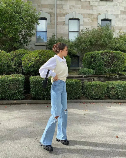 High Waist Flare Jeans - Ripped Denim Flared Pants