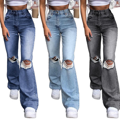 High Waist Flare Jeans - Ripped Denim Flared Pants