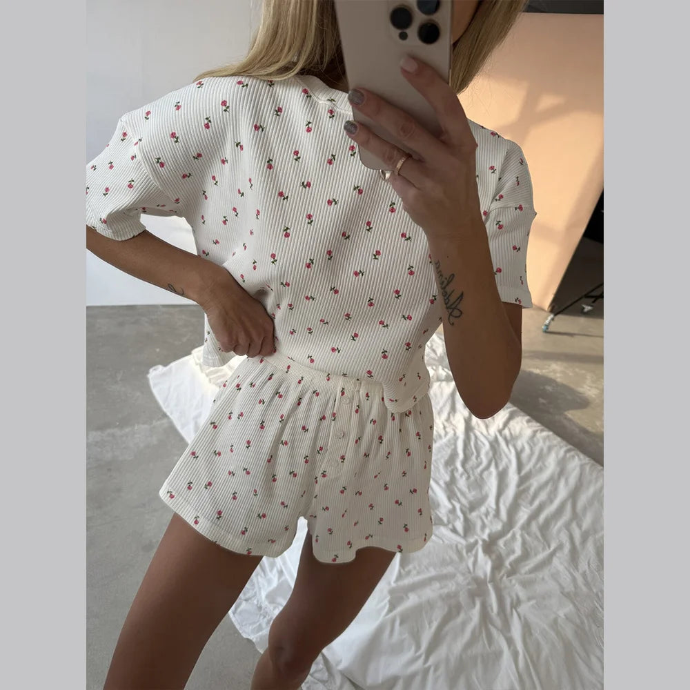 Floral Pajama Set - Short Sleeve T-Shirt & Shorts Sleepwear