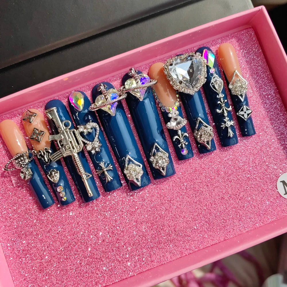 Duck Blue Press-On Nails - Oval French Tip Artificial Fingernails