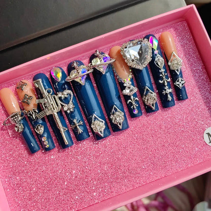 Duck Blue Press-On Nails - Oval French Tip Artificial Fingernails