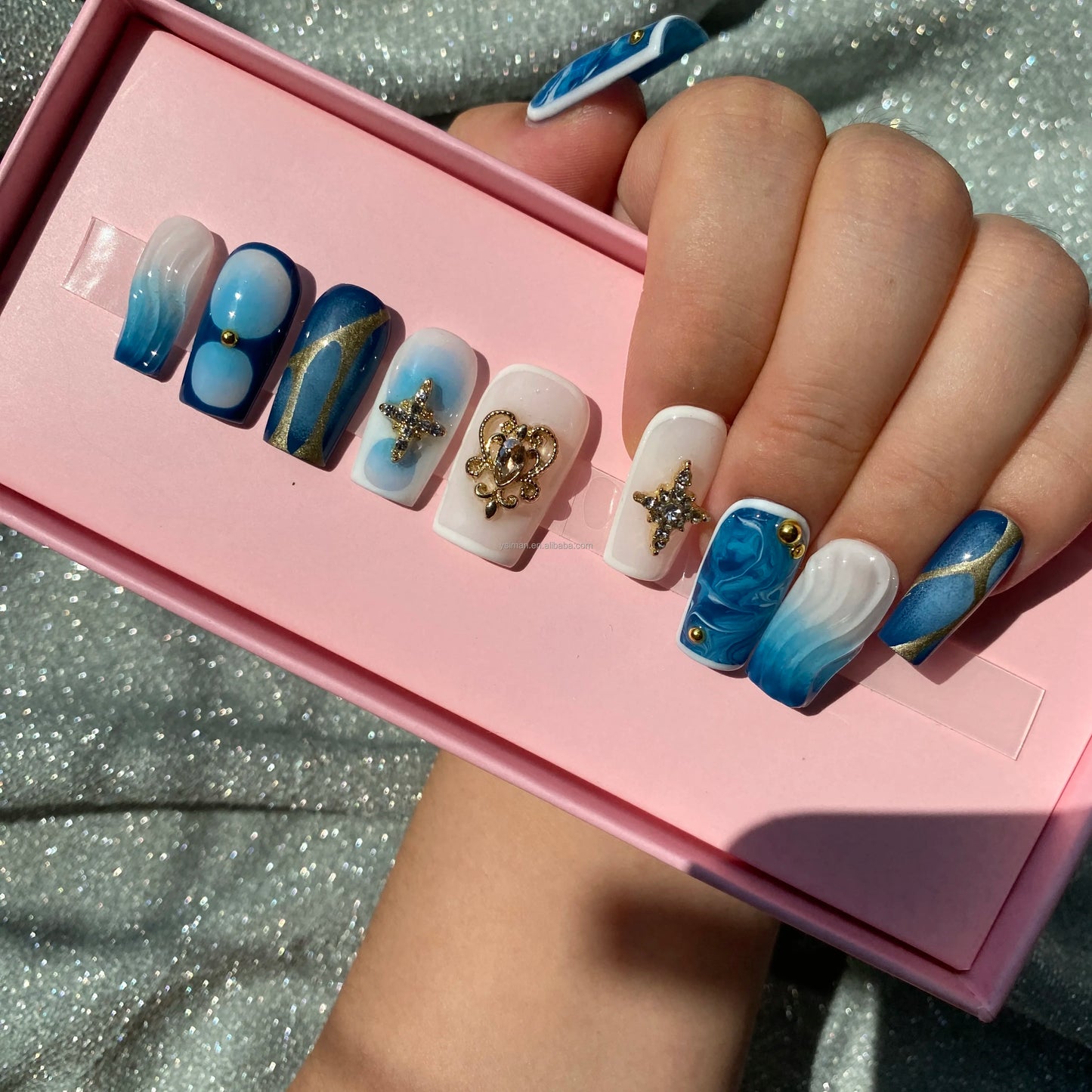 XL Glittery Rhinestone Press-On Nails - 50mm Long Full Cover Artificial Nails