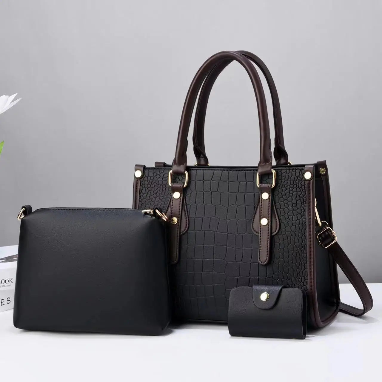 Luxury 3-Piece Handbag Set - Designer PU Leather Tote, Shoulder & Crossbody Bags
