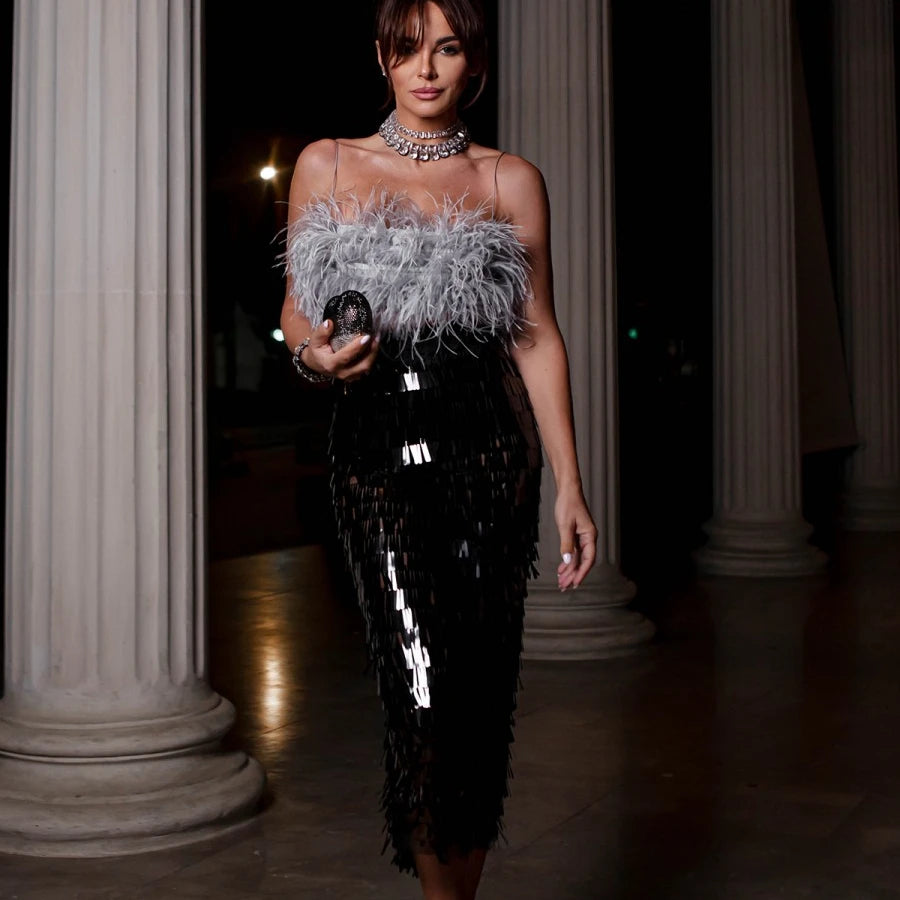 Feather Crop Top & Sequin Bodycon Skirt