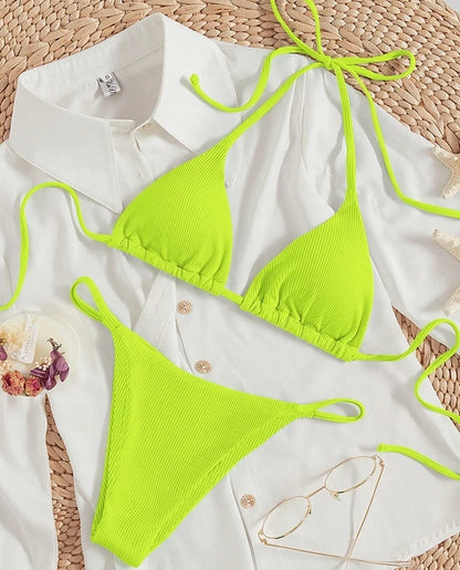 Ribbed Bikini Set with Printed Pattern - Sexy Two-Piece Swimsuit