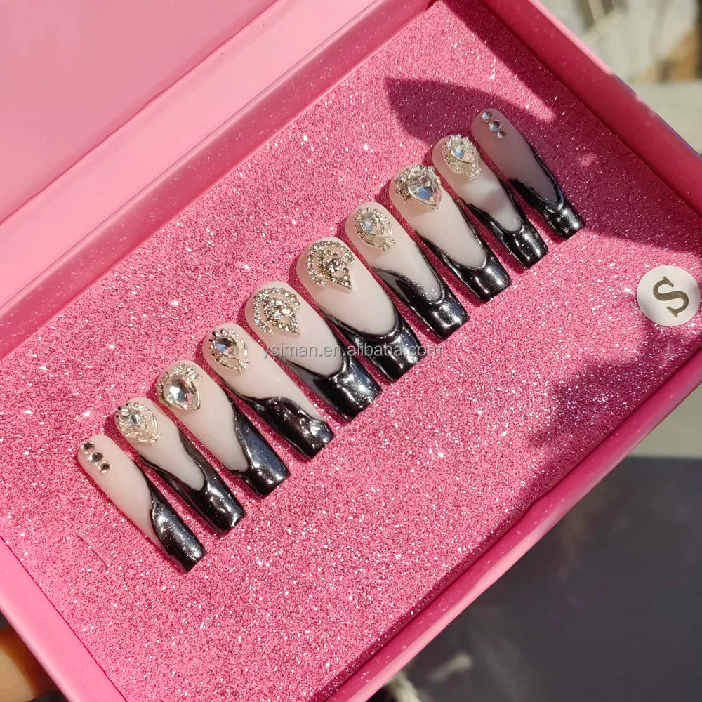 XL Glittery Rhinestone Press-On Nails - 50mm Long Full Cover Artificial Nails