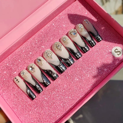 XL Glittery Rhinestone Press-On Nails - 50mm Long Full Cover Artificial Nails