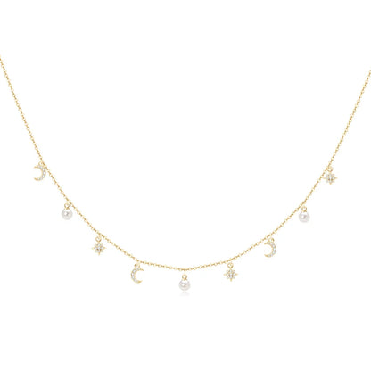 Sterling Silver Moon Star Pearl Necklace - Natural Freshwater Pearl with Cubic Zirconia