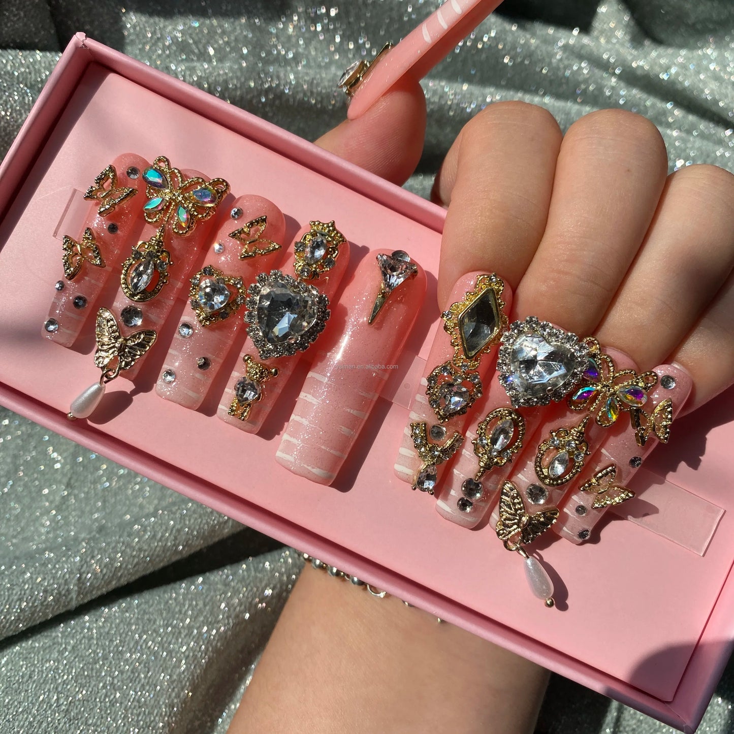 XL Glittery Rhinestone Press-On Nails - 50mm Long Full Cover Artificial Nails