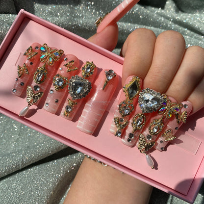 XL Glittery Rhinestone Press-On Nails - 50mm Long Full Cover Artificial Nails