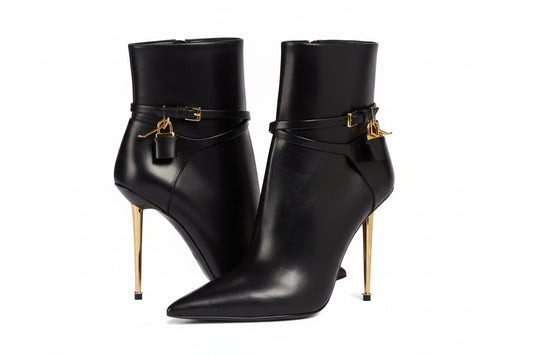 Luxury Leather Padlock Ankle Boots - Golden Spike Heel Chelsea Boots