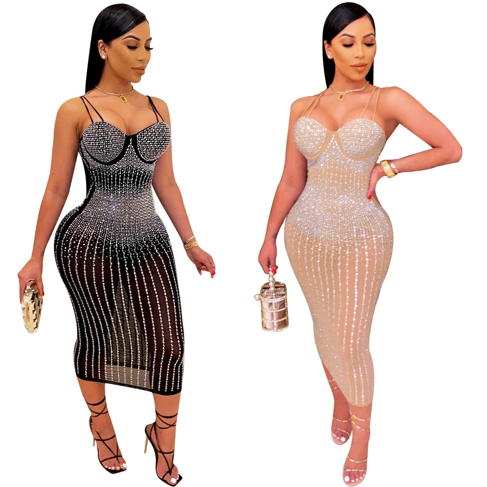 Crystal Embellished Sling Dress - Sheer Mesh Party Dress