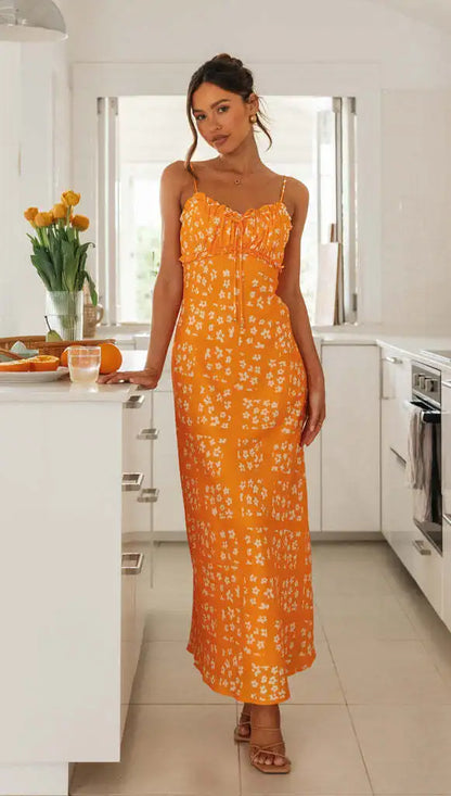 Printed Backless Maxi V-Neck Spaghetti Strap Summer Dress