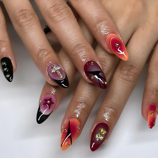 French Ombre Press-On Nails - Almond Shape with 3D Rose & Cross Details (24 Pieces)