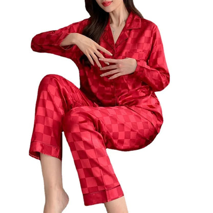 Satin Ice Silk Pajama Set - Long Sleeve Sleepwear Plus Size