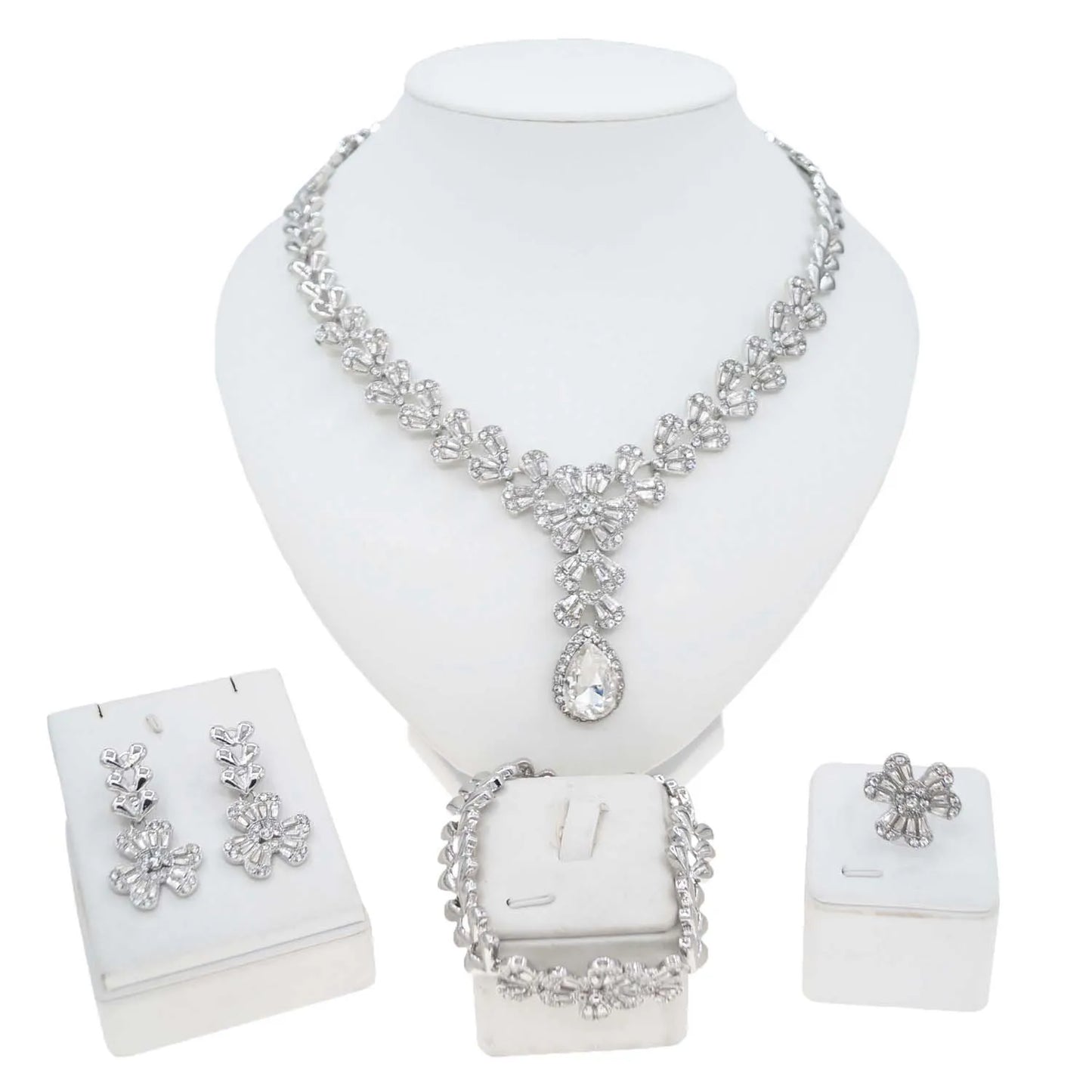 Waterdrop African Jewelry Set - Silver Plated Necklace, Bracelet, Earrings & Ring