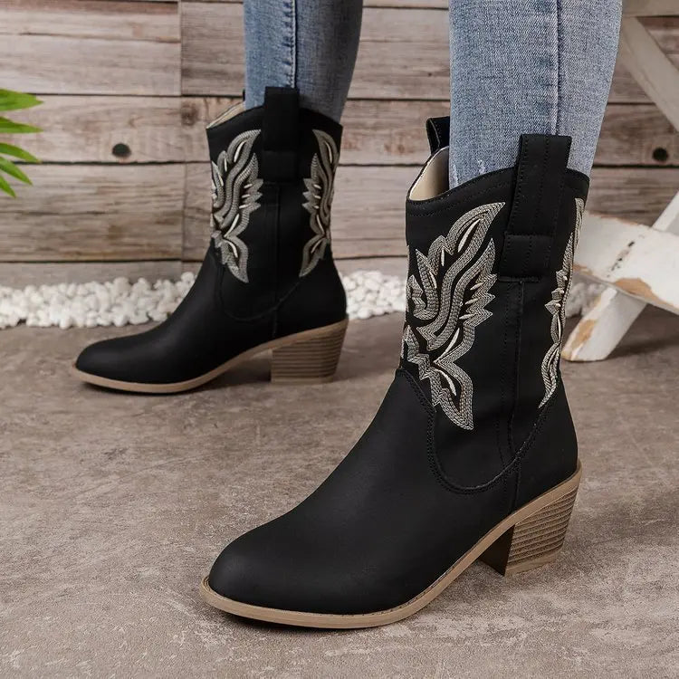 Retro Western Cowboy Genuine Leather Mid-Calf Riding Boots
