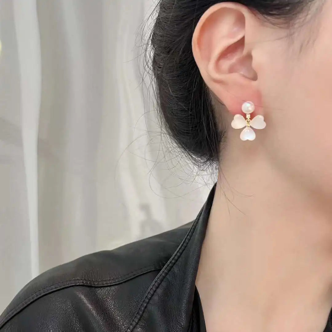 Cat's Eye Clover Freshwater Pearl Huggie Earrings