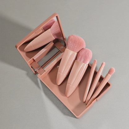 5-Piece Travel Makeup Brush Set with Mirror - Mini Cosmetic Brushes in Compact Case
