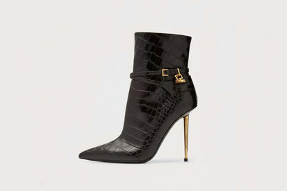 Luxury Leather Padlock Ankle Boots - Golden Spike Heel Chelsea Boots