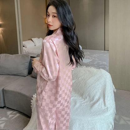 Satin Ice Silk Pajama Set - Long Sleeve Sleepwear Plus Size