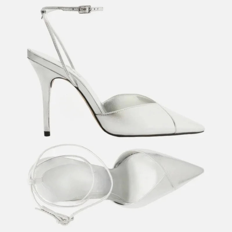 French-Style Pointed Toe Ankle Strap High Heel Shoes - Button Detail