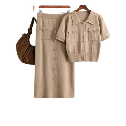Button Collar Short Sleeve Top & Ankle-Length Skirt