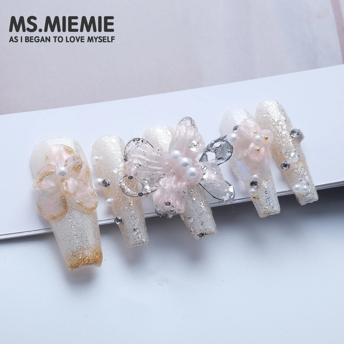 Designer 3D Lace Butterfly Press-On Nails - Extra Long Coffin Shape