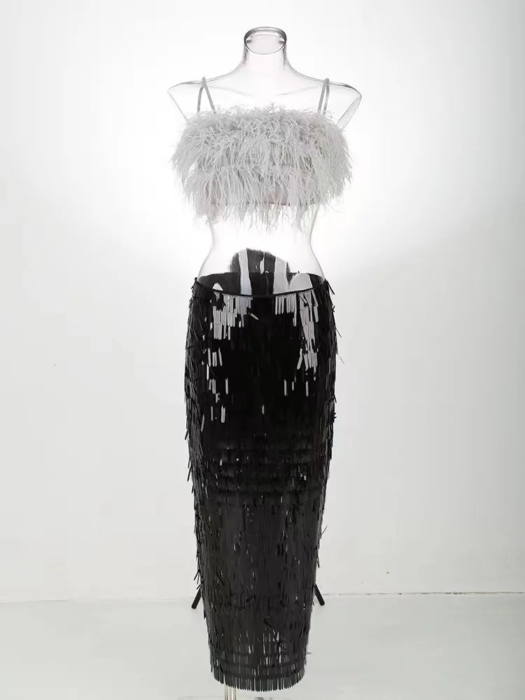 Feather Crop Top & Sequin Bodycon Skirt