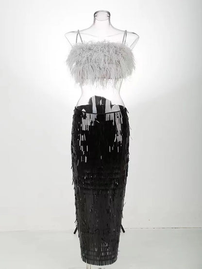 Feather Crop Top & Sequin Bodycon Skirt