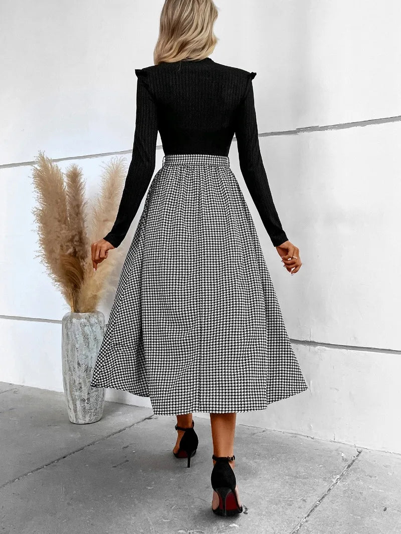 Turtleneck Sweater Dress - Houndstooth Patchwork Long Sleeve Knit Dress
