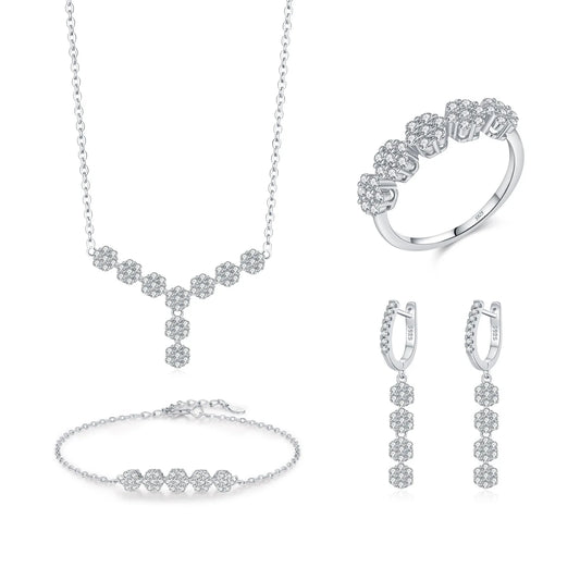 S925 Silver Jewelry Set - 4-Piece Diamond Flower Collection
