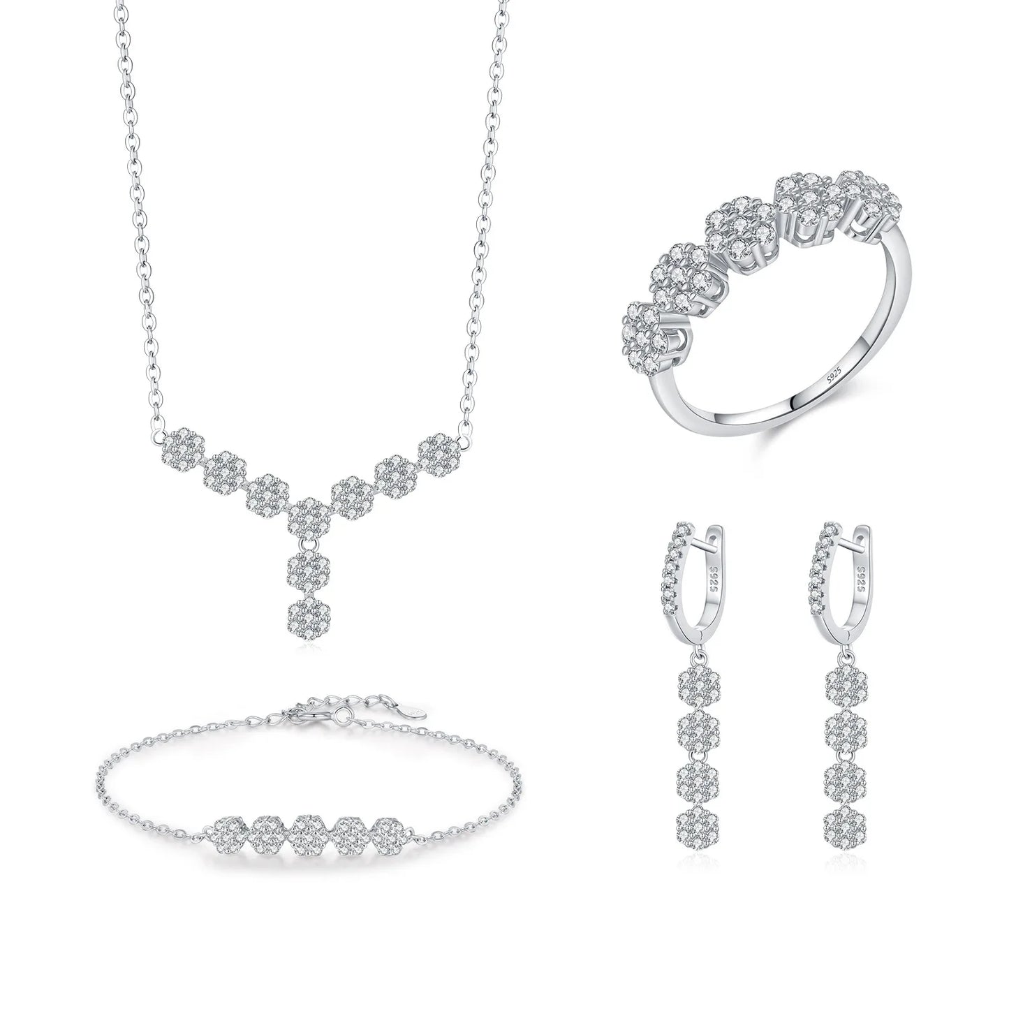 S925 Silver Jewelry Set - 4-Piece Diamond Flower Collection