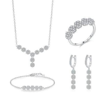 S925 Silver Jewelry Set - 4-Piece Diamond Flower Collection