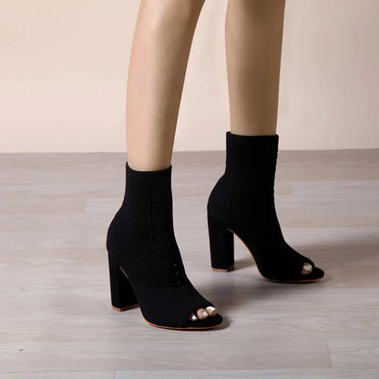Chunky Heel Knitted Peep Toe Booties