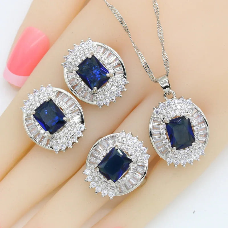 Blue Zircon Bridal Jewelry Set - 4-Piece Silver Necklace, Earrings, Ring & Bracelet