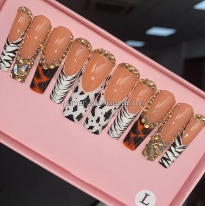 XL Glittery Rhinestone Press-On Nails - 50mm Long Full Cover Artificial Nails