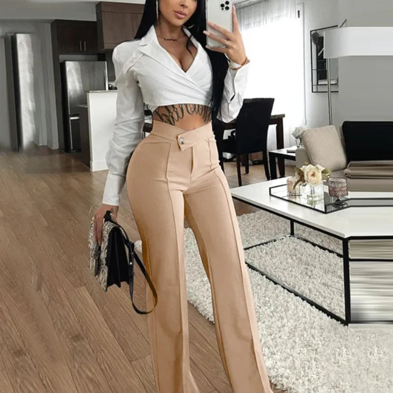 Wide Leg Casual Pants - High Waist Commuter Trousers