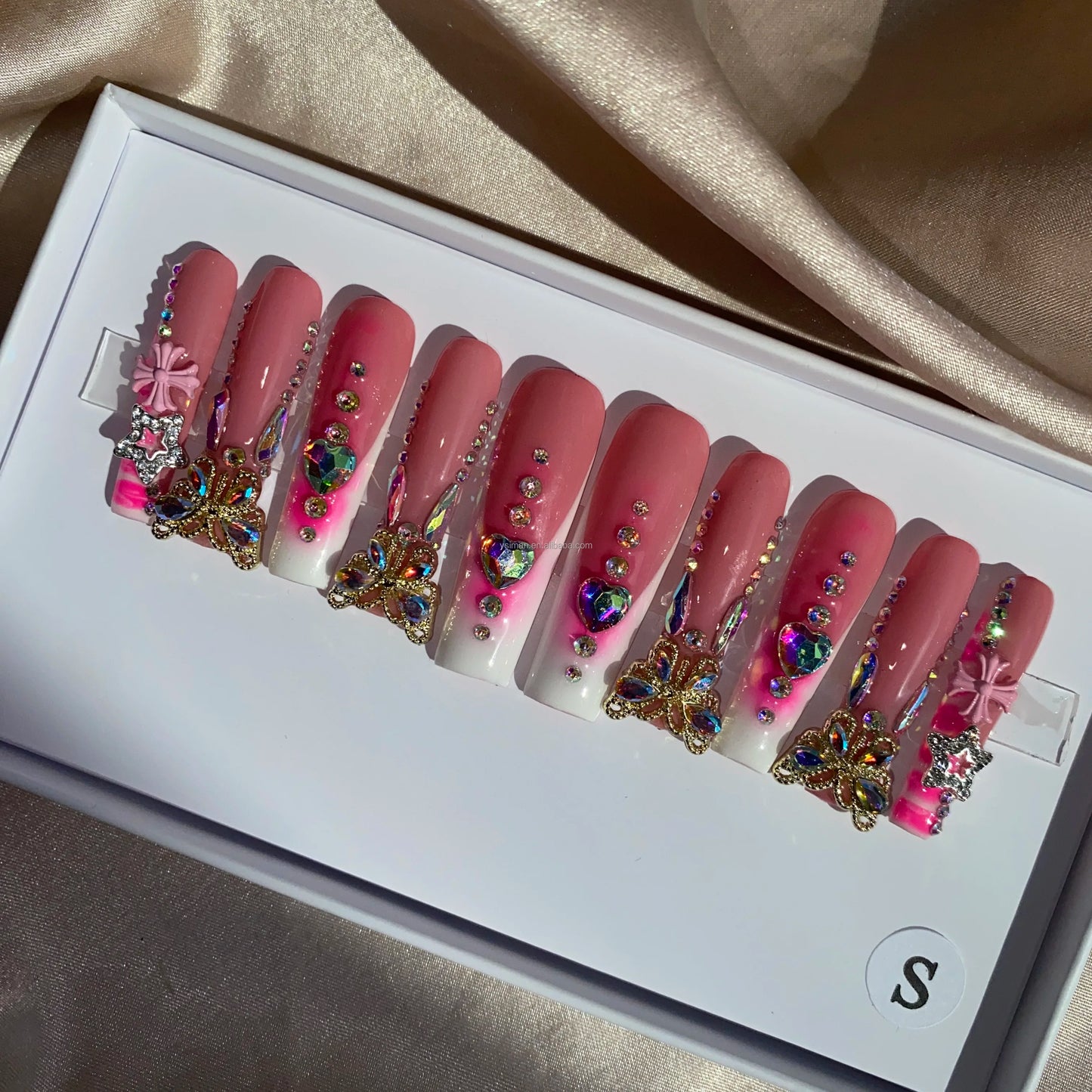 Long Square Glitter Rhinestone Press On Acrylic Nails