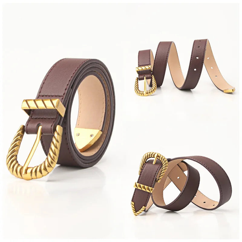 Women's Vintage PU Leather Belt - Alloy Buckle Design