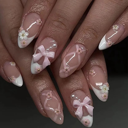 3D Bow French Press-On Nails - Silver Sparkling Diamond Pearl Acrylic Nails