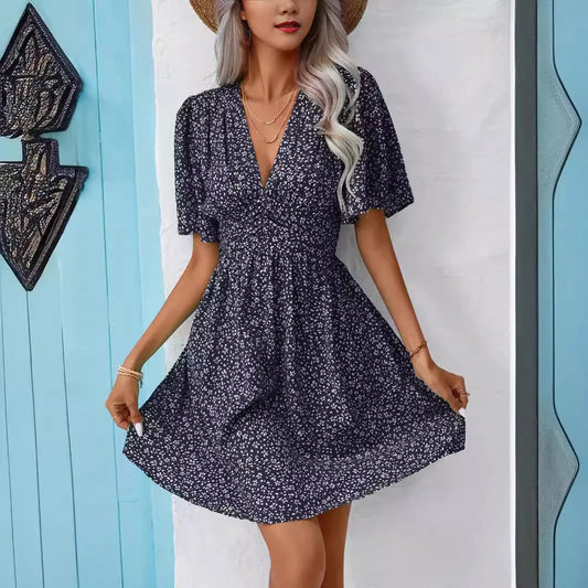 V-Neck Floral Print Pleated Short Sleeve High-Waisted Summer Dress