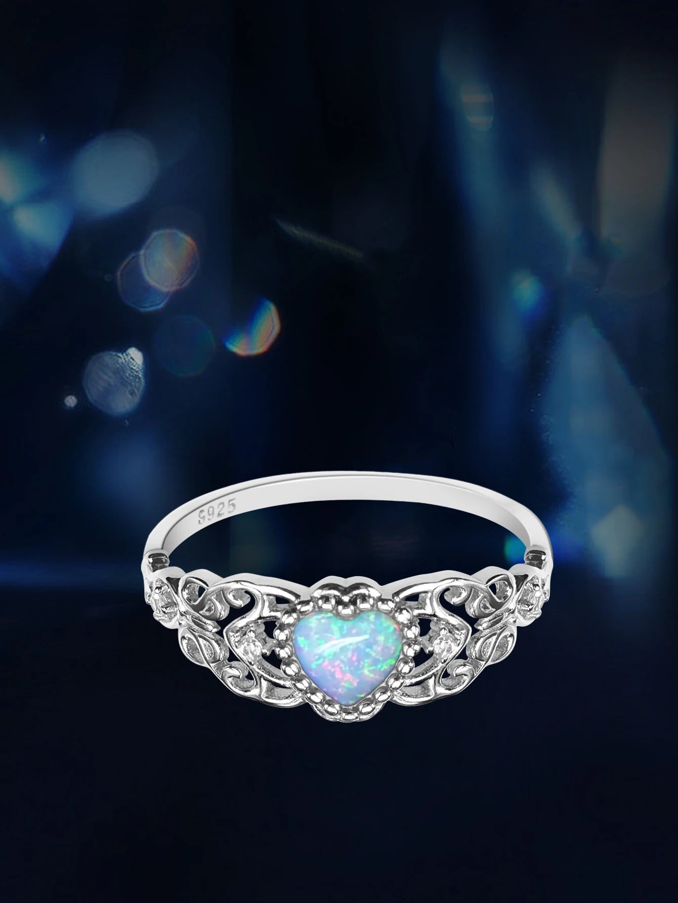 Heart Shape Opal Ring - 925 Sterling Silver Rhodium Plated