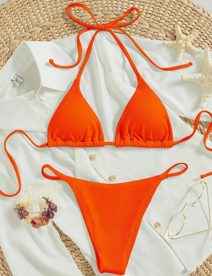 Ribbed Bikini Set with Printed Pattern - Sexy Two-Piece Swimsuit