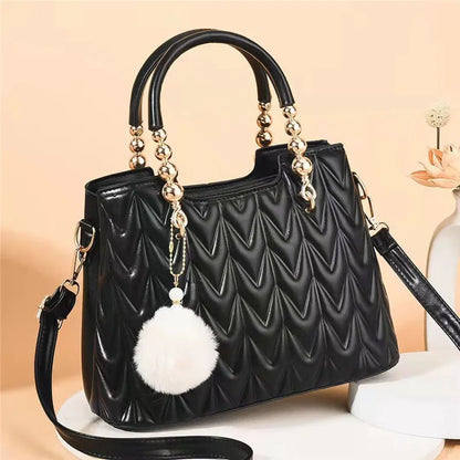 Crossbody Bucket Bag with Fur Ball Pendant