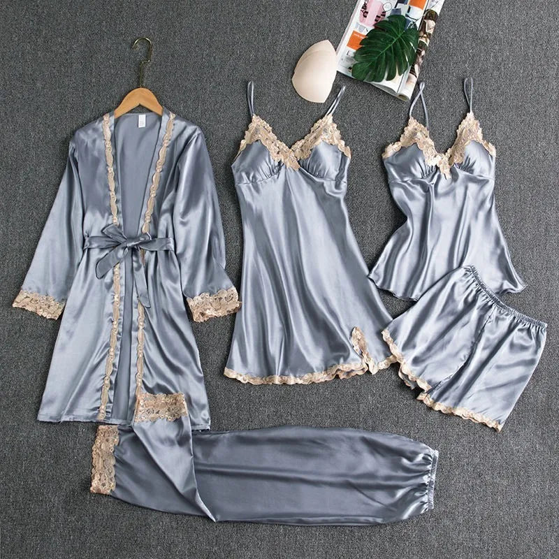 Luxury Golden Lace Satin Pajama 5-Piece Summer Sleepwear