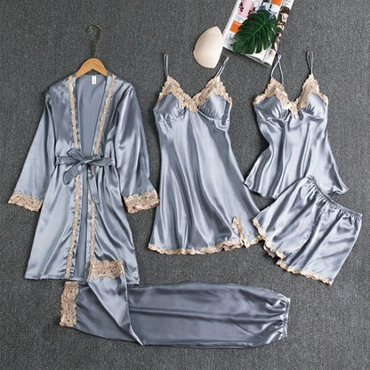 Luxury Golden Lace Satin Pajama 5-Piece Summer Sleepwear