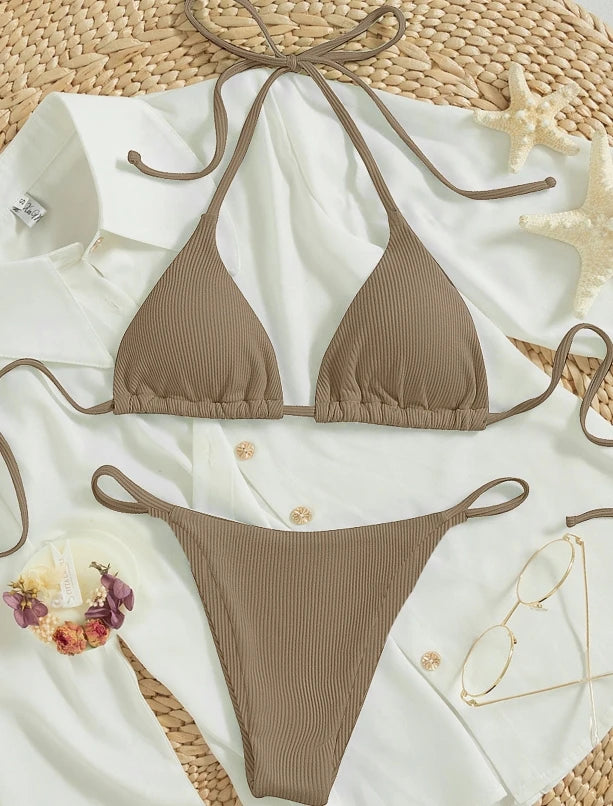 Ribbed Bikini Set with Printed Pattern - Sexy Two-Piece Swimsuit