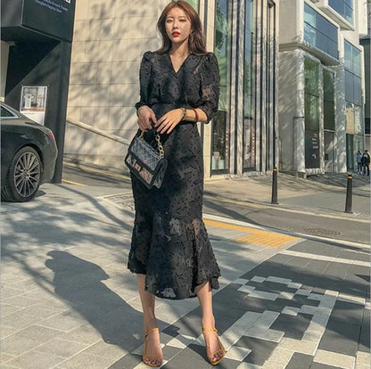 Korean Style V-Neck Chiffon Dress - High Waist Fishtail Hem