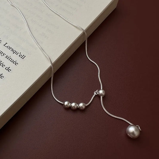 Sterling Silver Frosted Beads Adjustable Sweater Chain Necklace